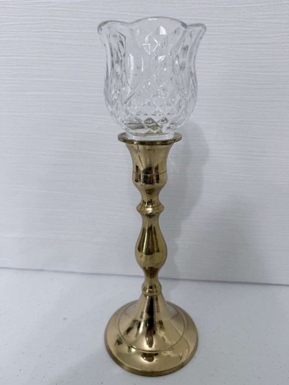 Homco Tulip Diamond Clear Votive Holder on Heavy Brass Candlestick Holder 10.75" - Picture 5 of 11
